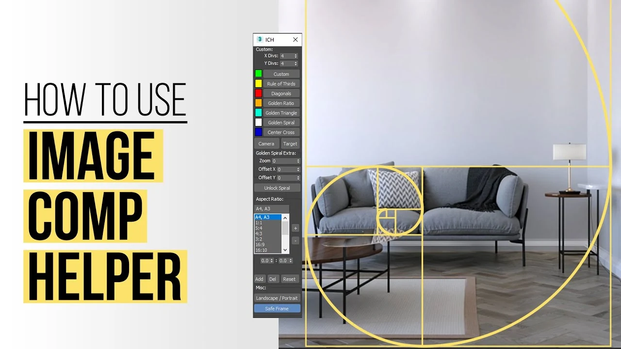 Image Composition Helper script used in a 3ds Max camera viewport